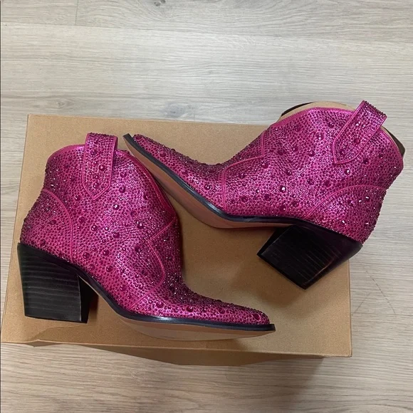 New Jessica Simpson Pink Rhinestone Zadie Ankle Western Cowboy Bootie - Picture 8 of 11